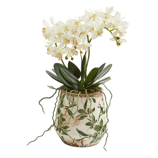 Arreglo artificial de mini orquídea Phalaenopsis de 13" en jarrón floral