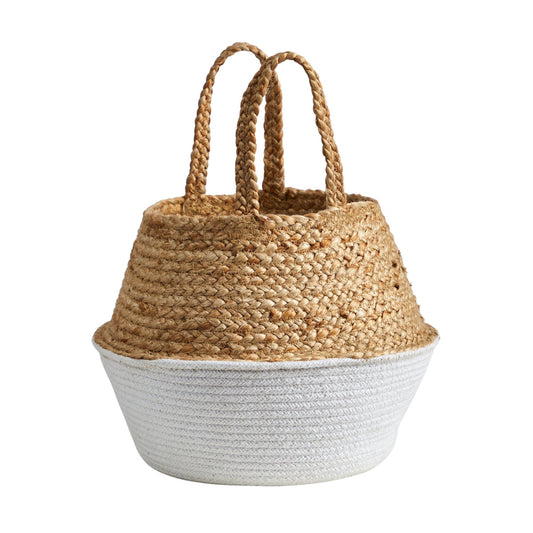 Jardinière tissée blanche en coton et jute de style bohème chic faite à la main de 14 po