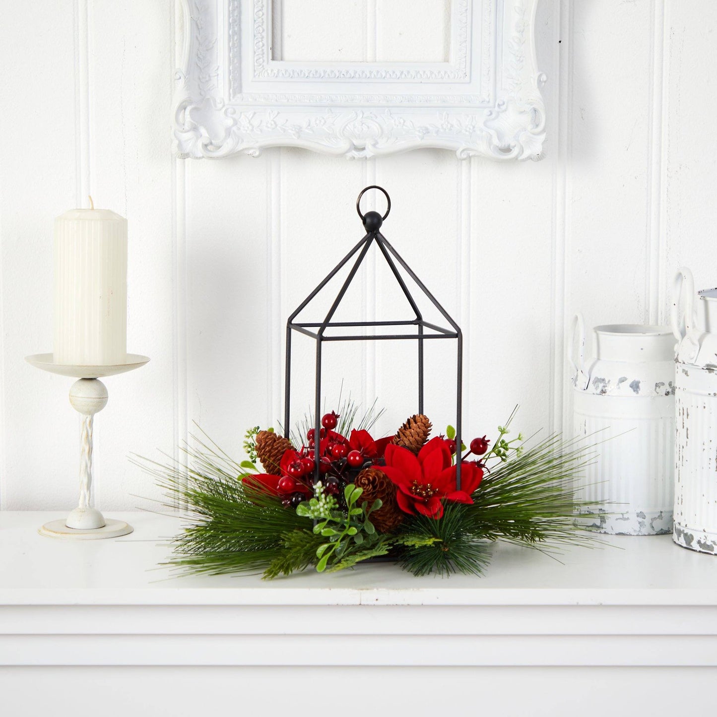 14” Christmas Poinsettia, Berry and Pinecone Metal Candle Holder Christmas Table Arrangement