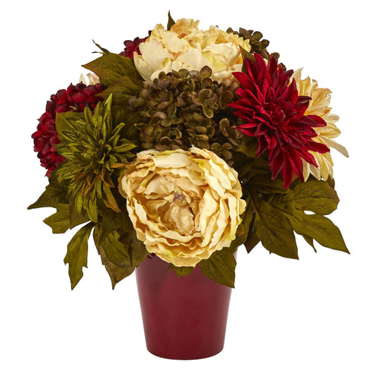 14” Peony Hydrangea and Dahlia Artificial Arrangement in Burgundy Vase