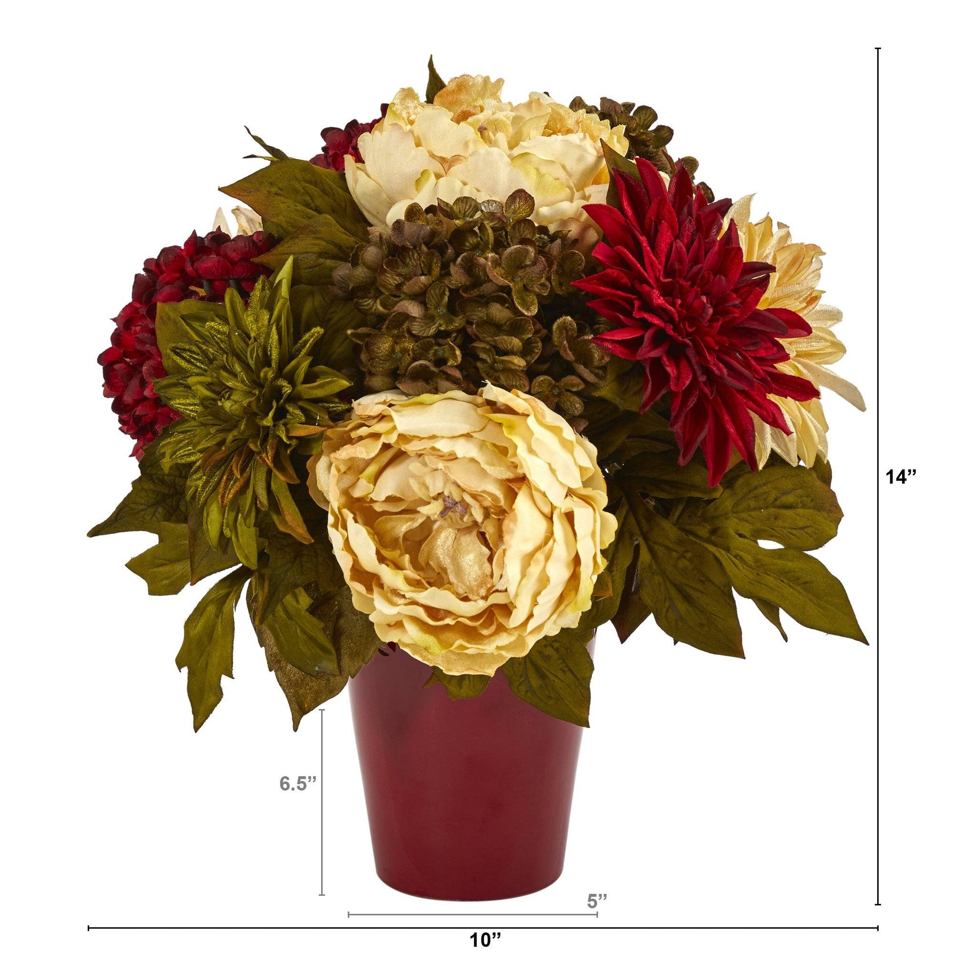 14” Peony Hydrangea and Dahlia Artificial Arrangement in Burgundy Vase