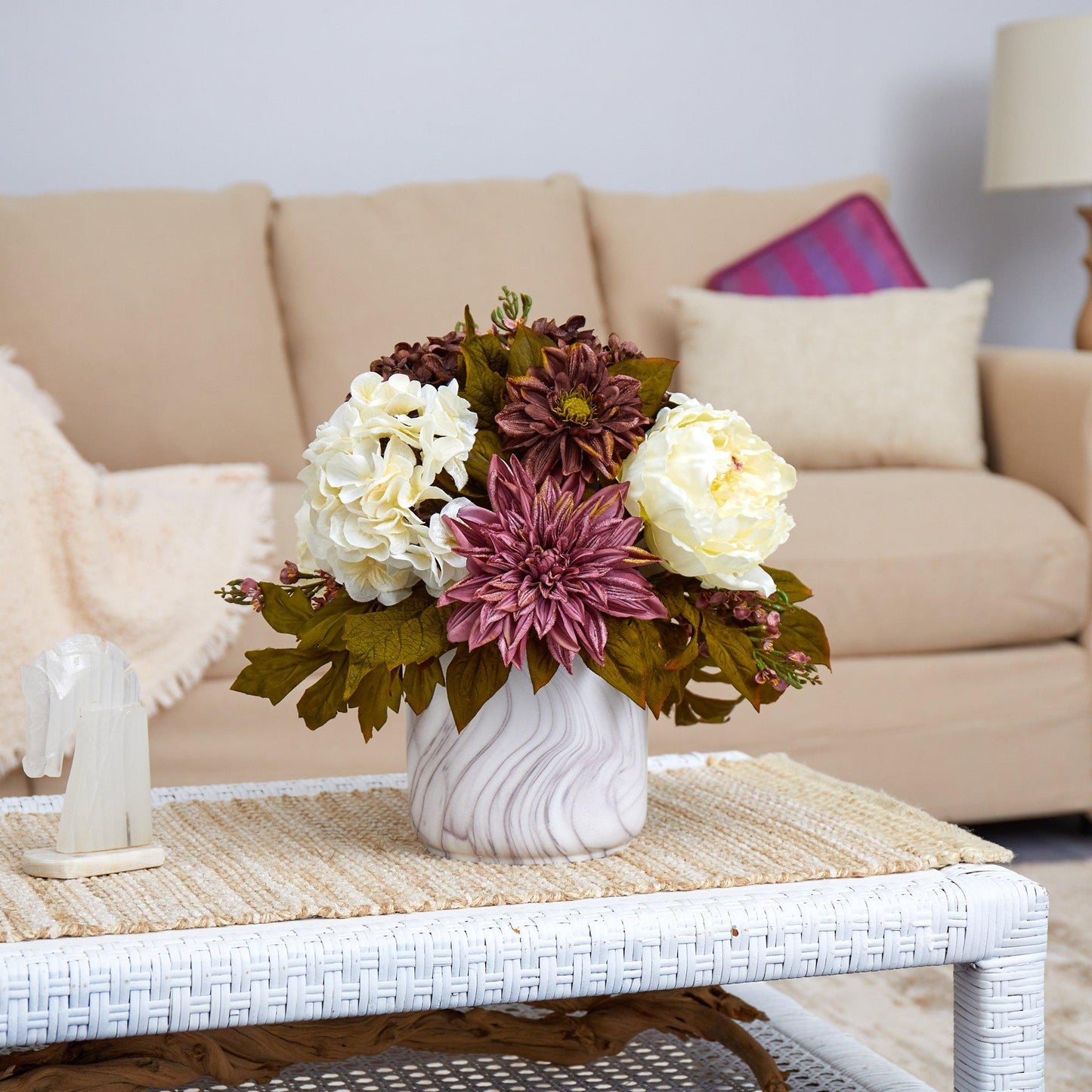 15” Peony, Hydrangea and Dahlia Artificial Arrangement in Marble Finished Vase