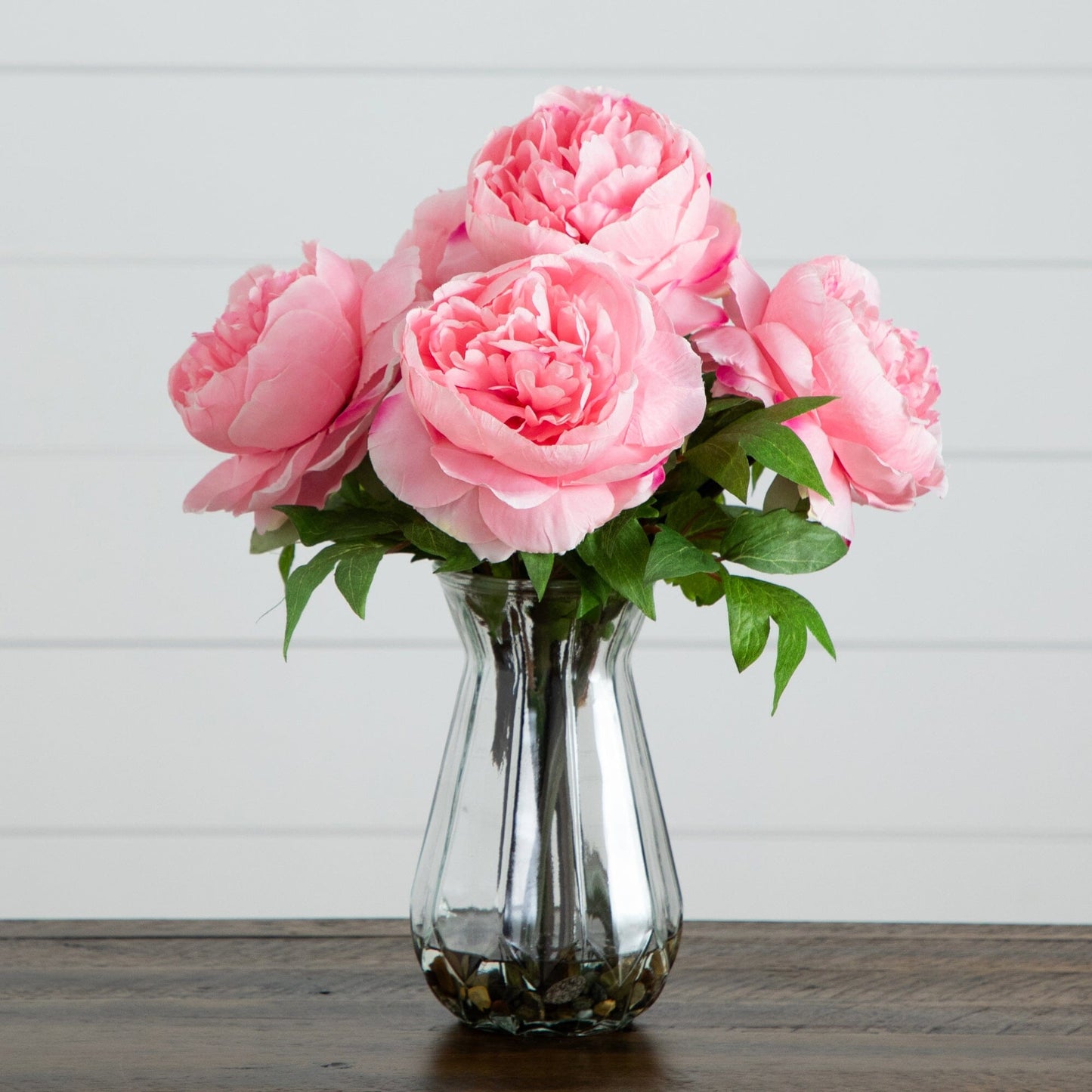 16" Artificial Pink Peony Arrangement in Glass Vase