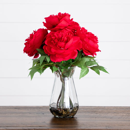 16" Artificial Pink Peony Arrangement in Glass Vase