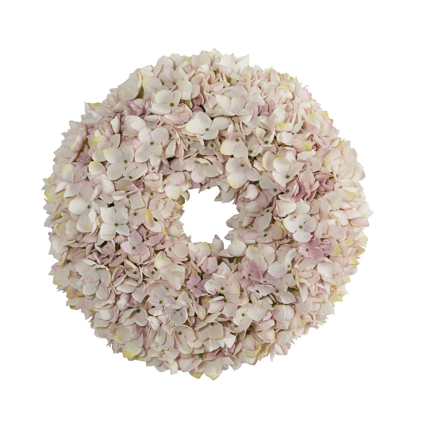 Corona artificial de hortensias de 16" en tonos rosa y blanco