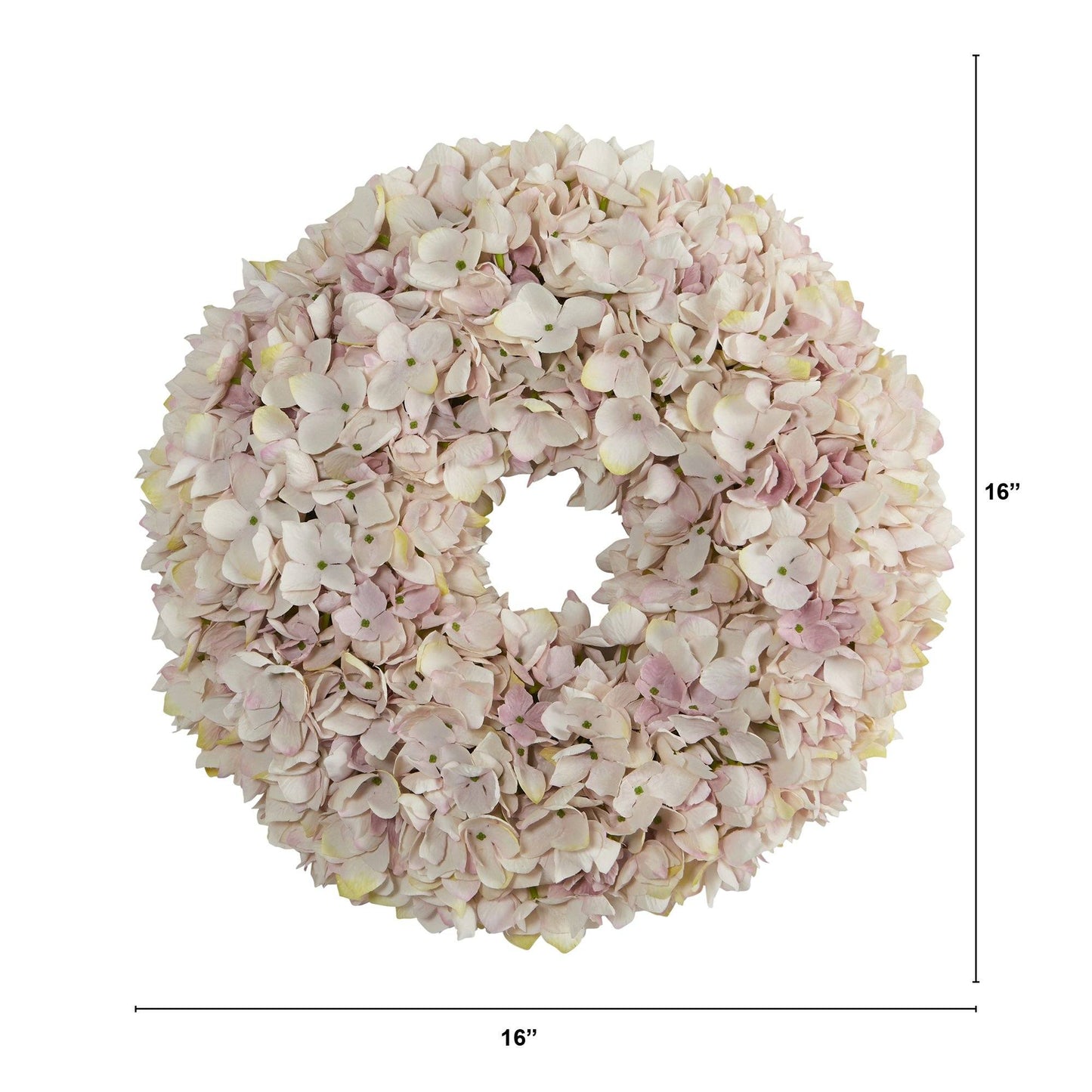 Corona artificial de hortensias de 16" en tonos rosa y blanco