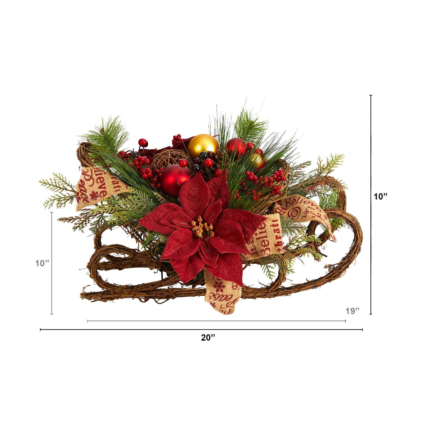 Trineo navideño de 18" con arreglo artificial de flores de Pascua, bayas y piñas con adornos