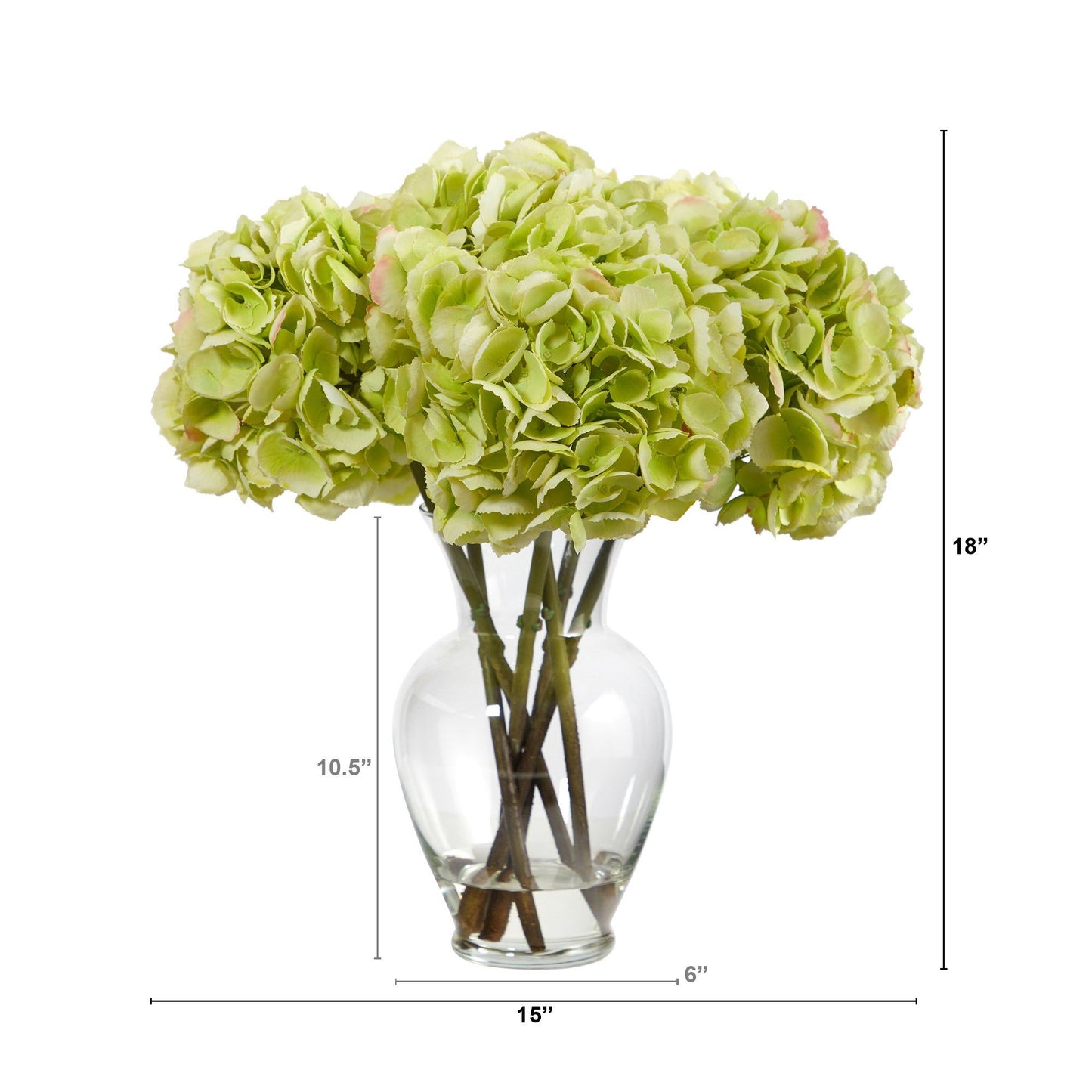 Arreglo artificial de hortensias amarillas de 18" en un florero de vidrio