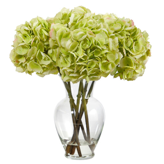 Arreglo artificial de hortensias amarillas de 18" en un florero de vidrio