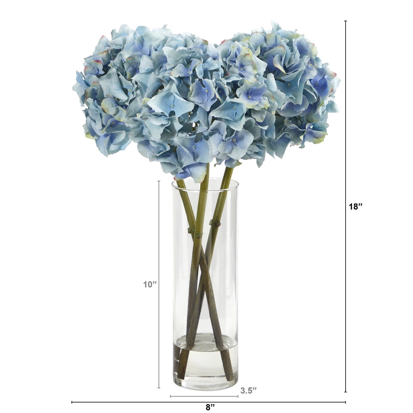 Arreglo floral artificial de hortensias azules de 18" en jarrón de vidrio cilíndrico