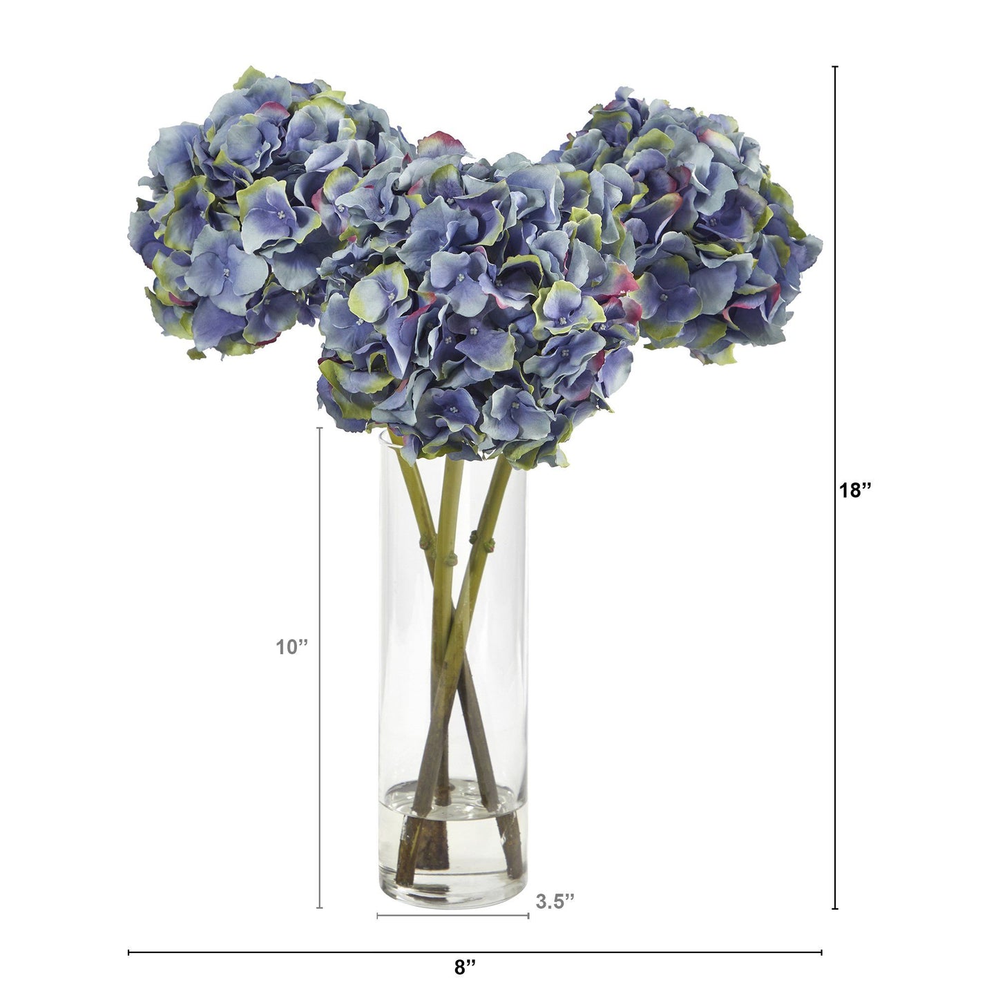 Arreglo floral artificial de hortensias azules de 18" en jarrón de vidrio cilíndrico