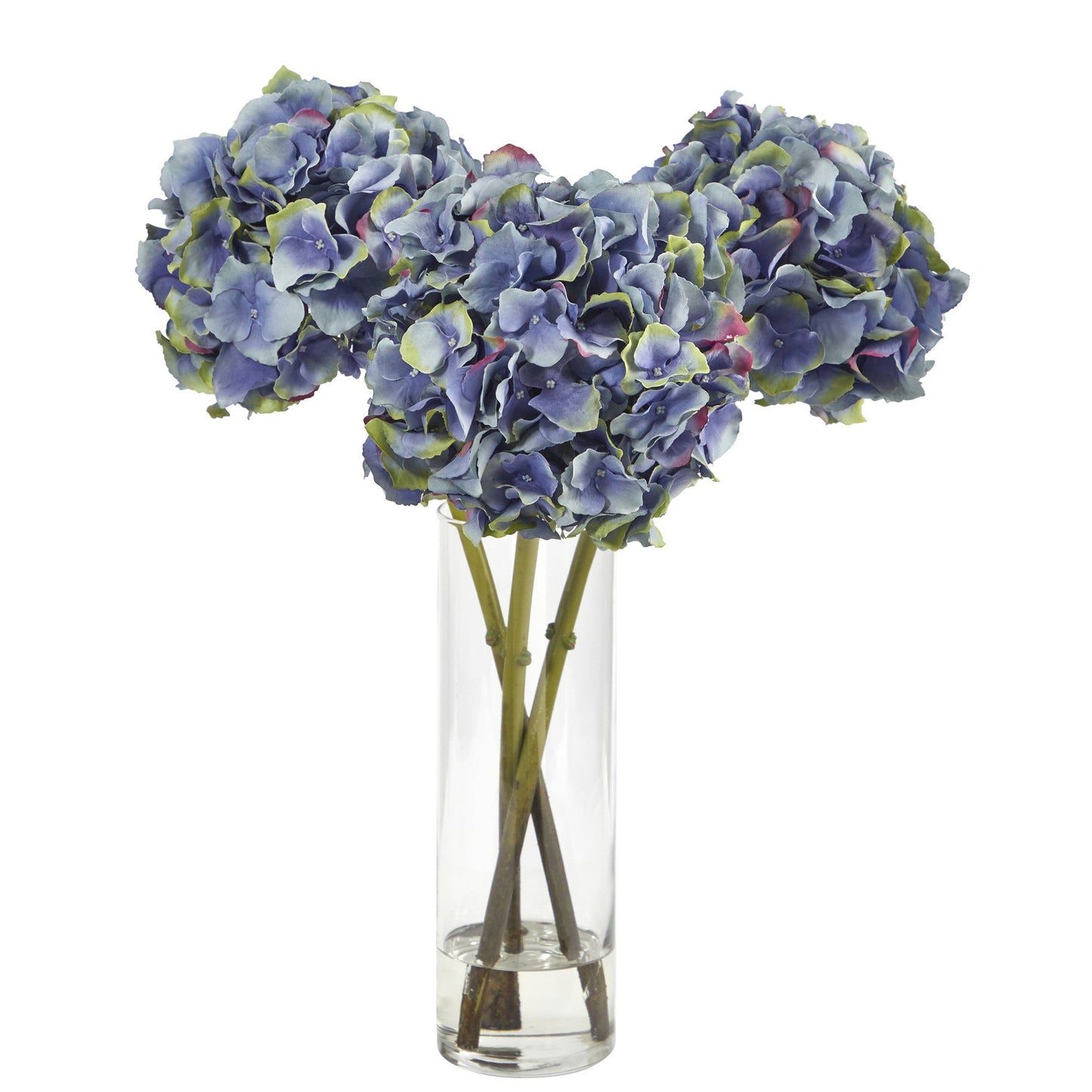 Arreglo floral artificial de hortensias azules de 18" en jarrón de vidrio cilíndrico