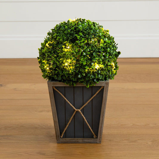 18” UV Resistant Artificial Boxwood Ball Topiary with LED Lights in Decorative Planter (Indoor/Outdoor) - Nearly Natural