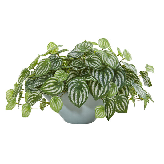 Planta artificial Peperomia sandía de 19” en jarrón verde (tacto real)