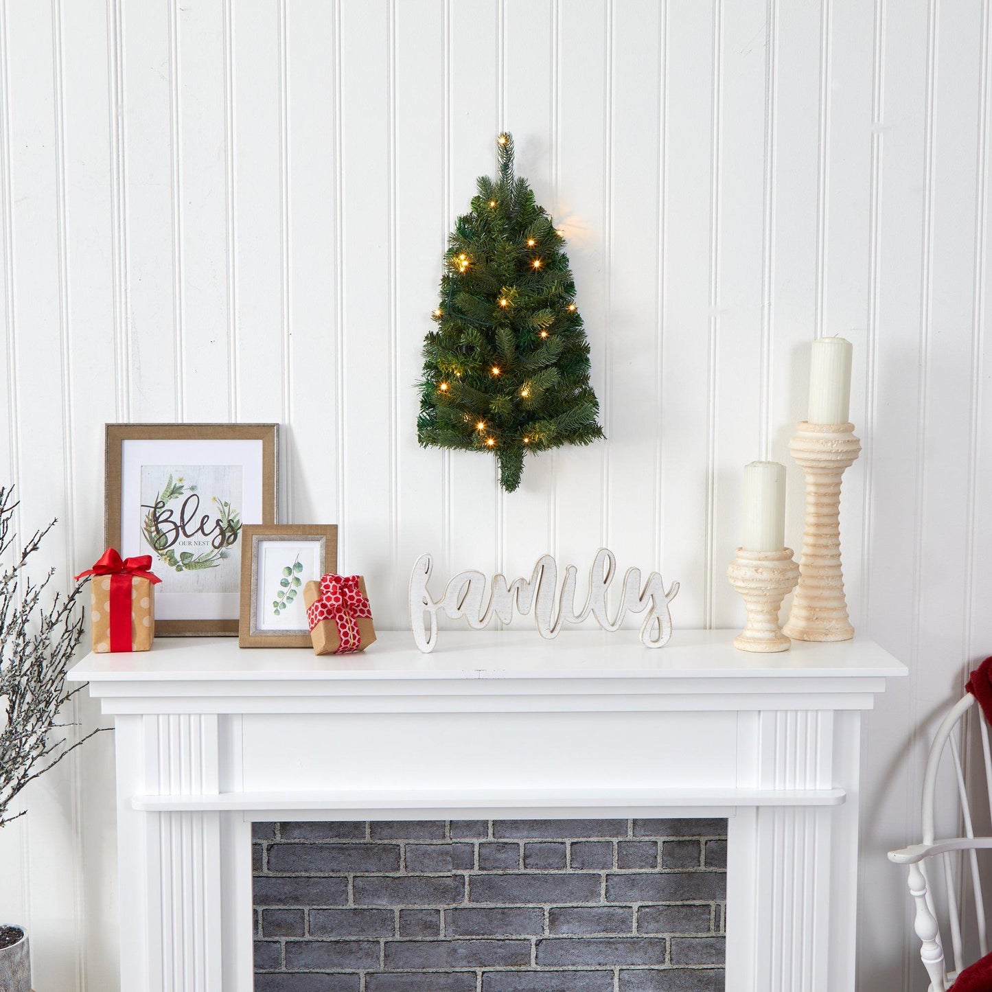 Árbol de Navidad artificial para colgar en la pared, de 2 pies de fondo plano, con 20 luces LED transparentes