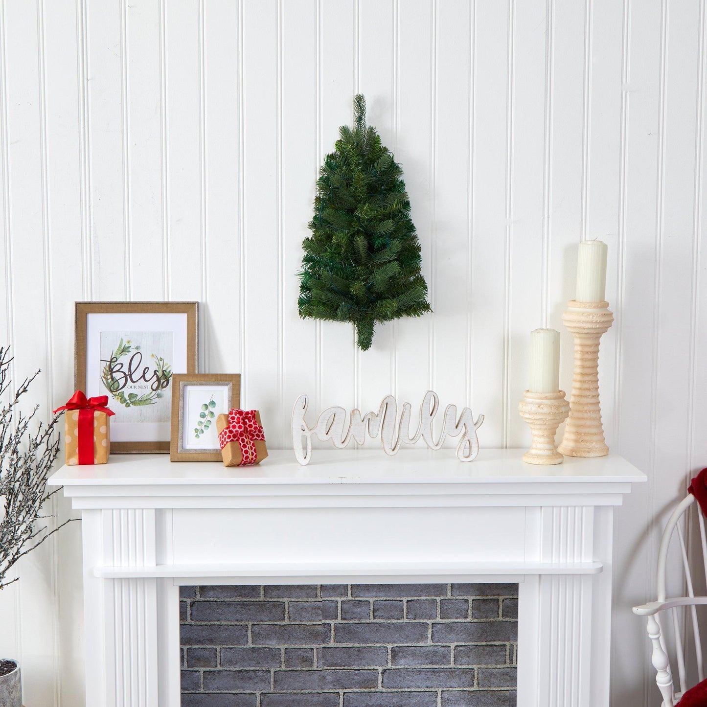 Árbol de Navidad artificial para colgar en la pared, de 2 pies de fondo plano, con 20 luces LED transparentes