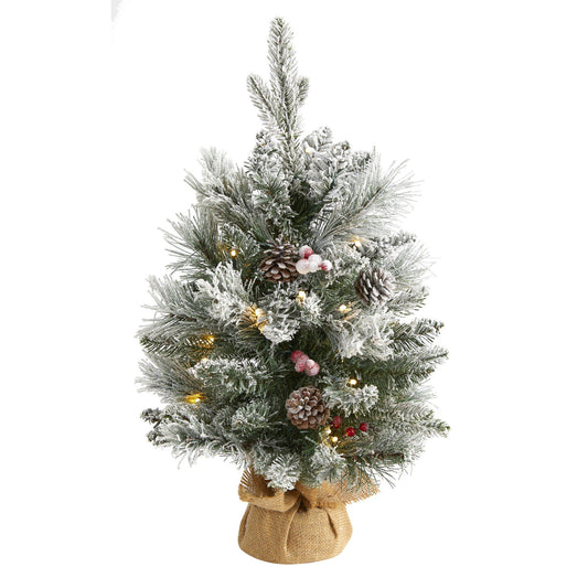 Árbol de Navidad artificial flocado de 2 pies con 30 luces transparentes, 73 ramas flexibles, piñas y bayas