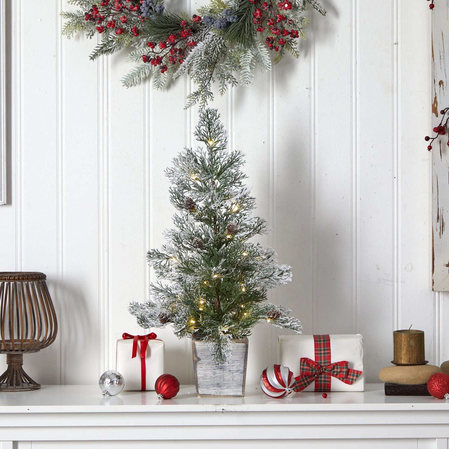 Árbol de Navidad artificial preiluminado esmerilado de 2 pies con piñas en maceta decorativa