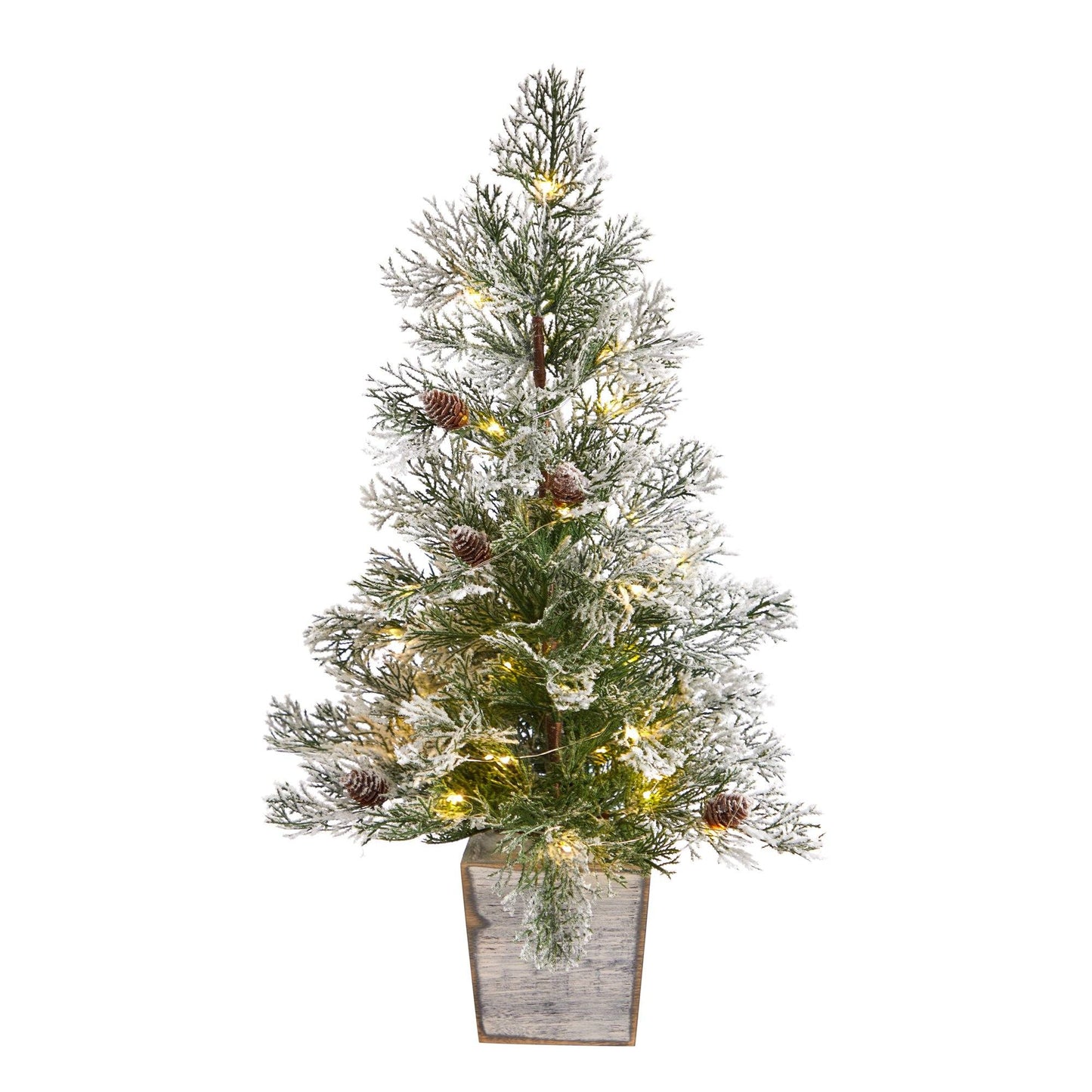 Árbol de Navidad artificial preiluminado esmerilado de 2 pies con piñas en maceta decorativa