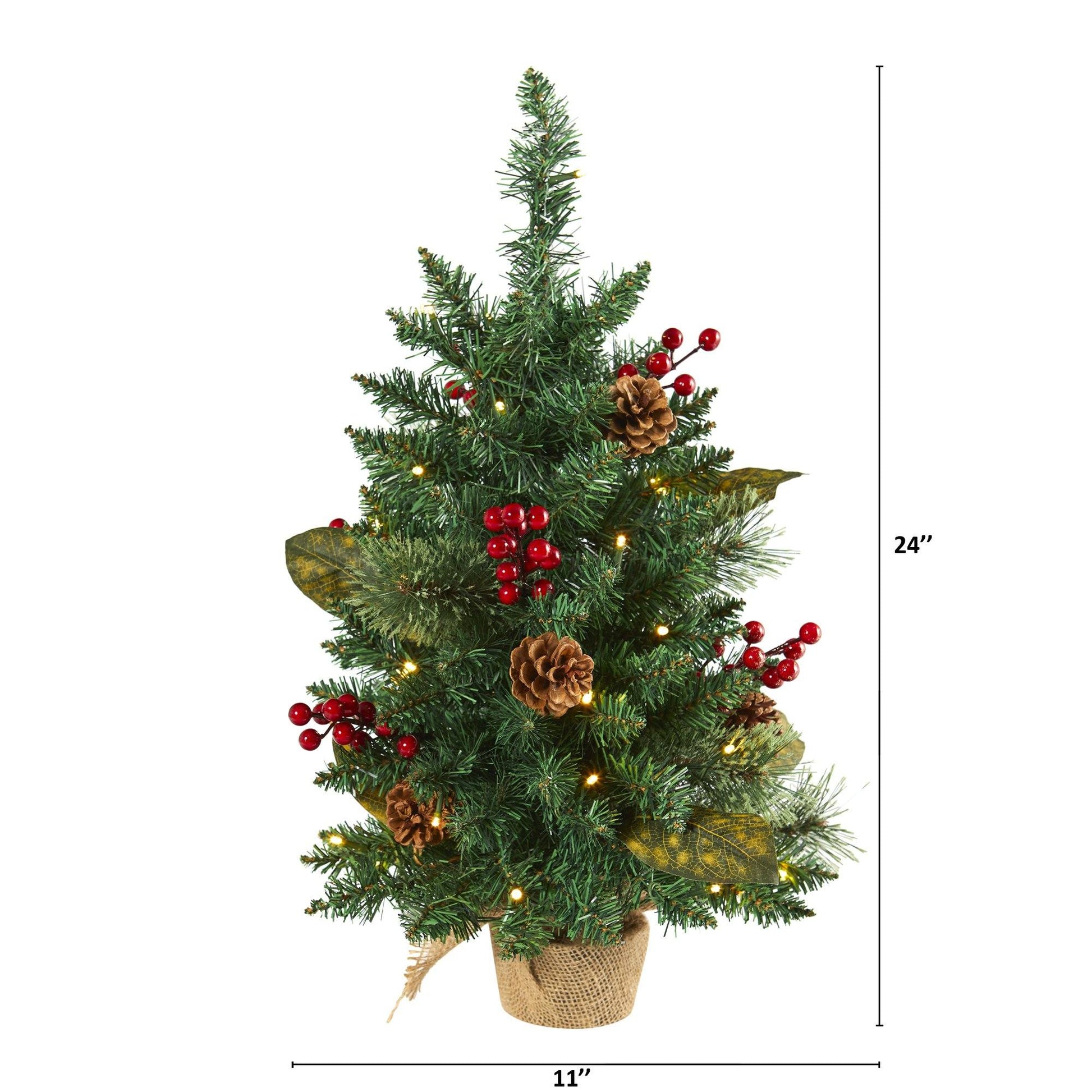 2’ Pine Pinecone and Berries Artificial Christmas Tree with 35 LED Lights and 86 Bendable Branches - Green - Nearly
