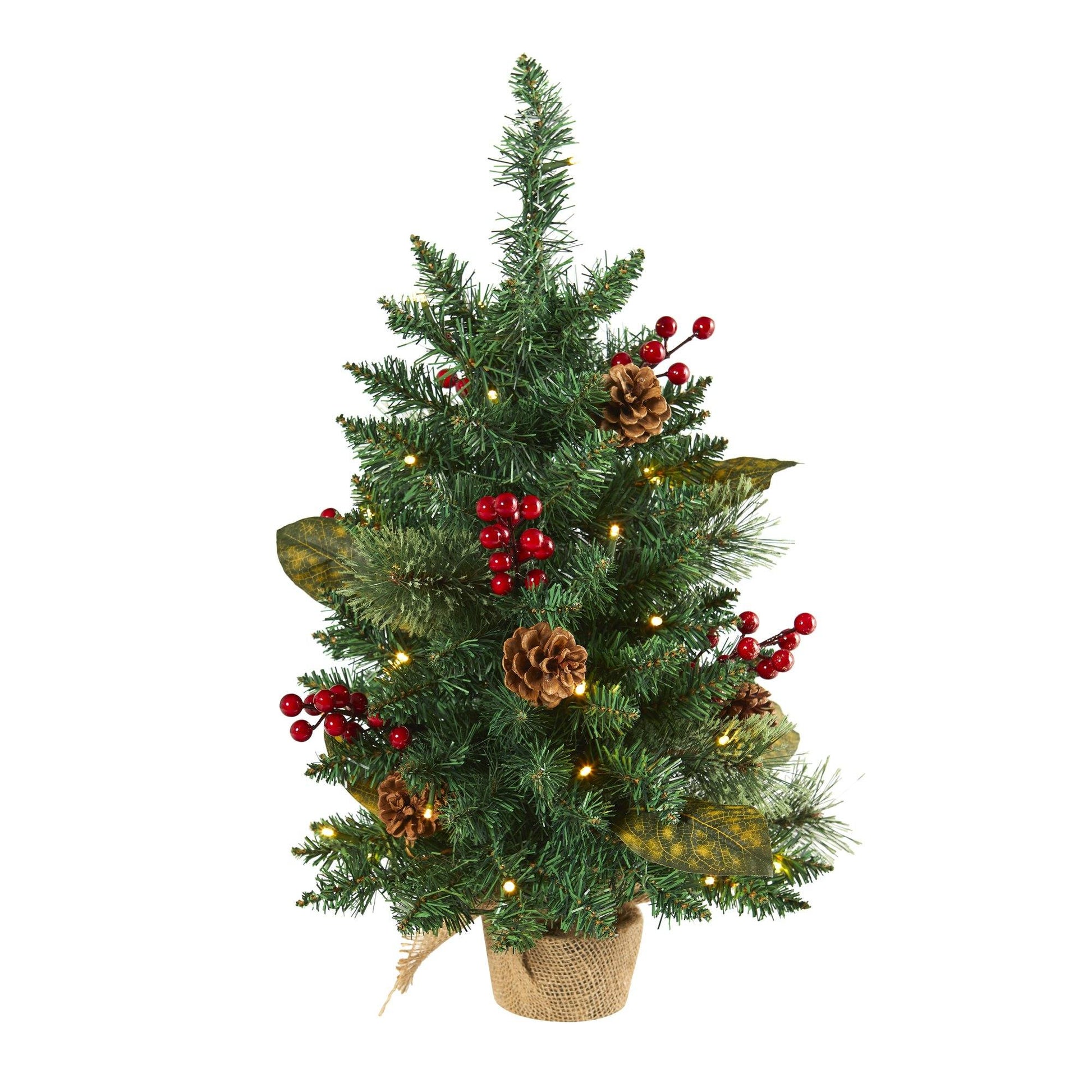 2’ Pine Pinecone and Berries Artificial Christmas Tree with 35 LED Lights and 86 Bendable Branches - Green - Nearly