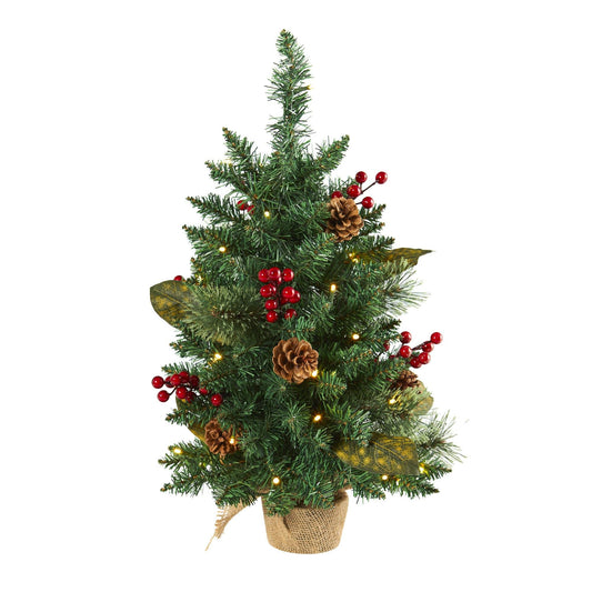 2’ Pine Pinecone and Berries Artificial Christmas Tree with 35 LED Lights and 86 Bendable Branches - Green - Nearly