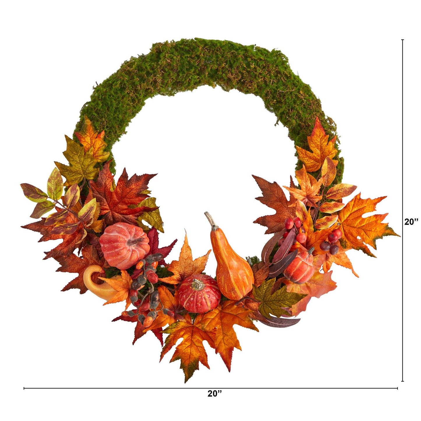 Couronne artificielle de 20 po avec citrouille d'automne, courge et feuille d'érable d'automne