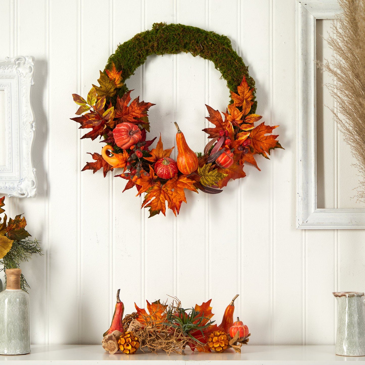 Couronne artificielle de 20 po avec citrouille d'automne, courge et feuille d'érable d'automne