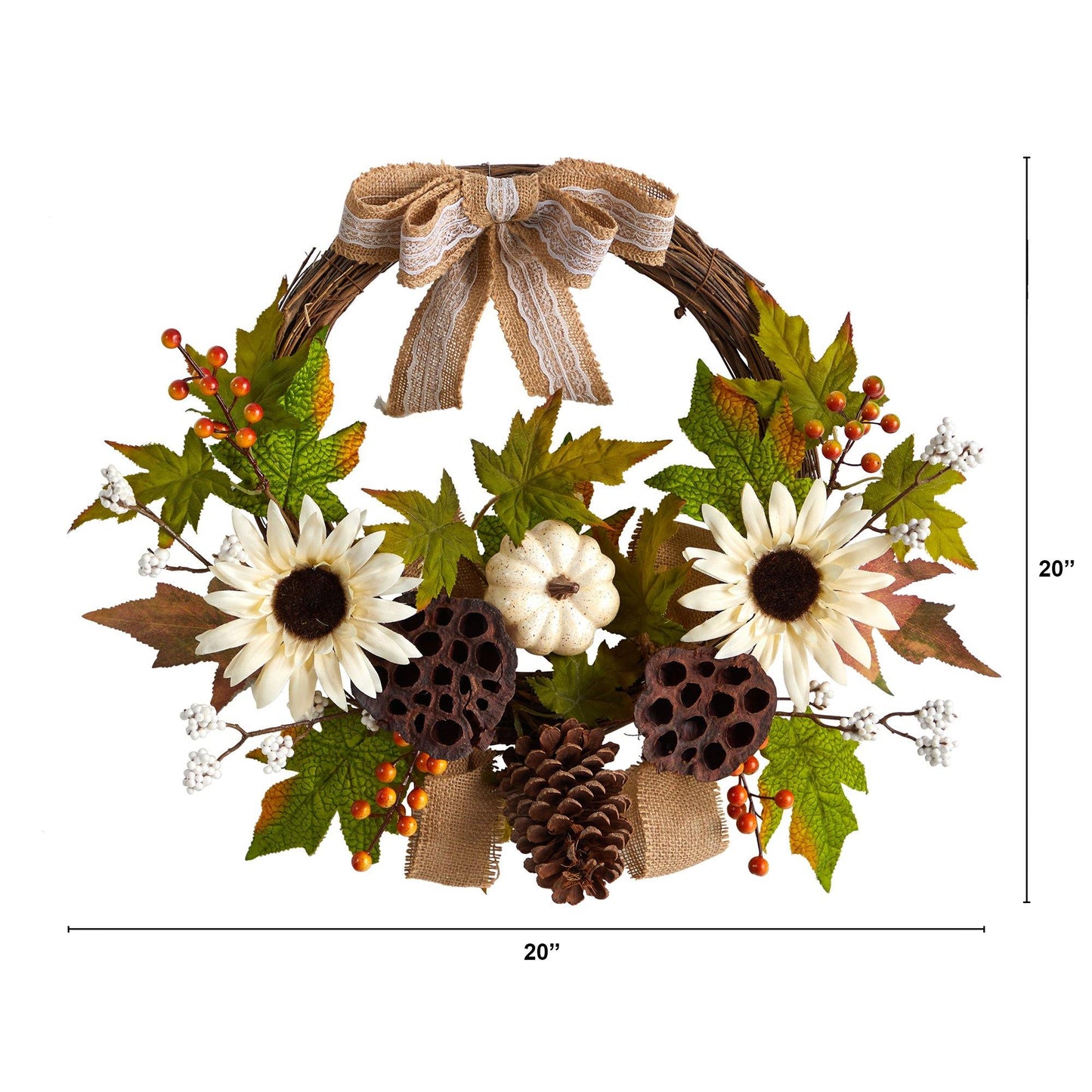 Couronne artificielle d'automne de 20 po avec tournesol, citrouille blanche et gousse de lotus séchée et nœud décoratif