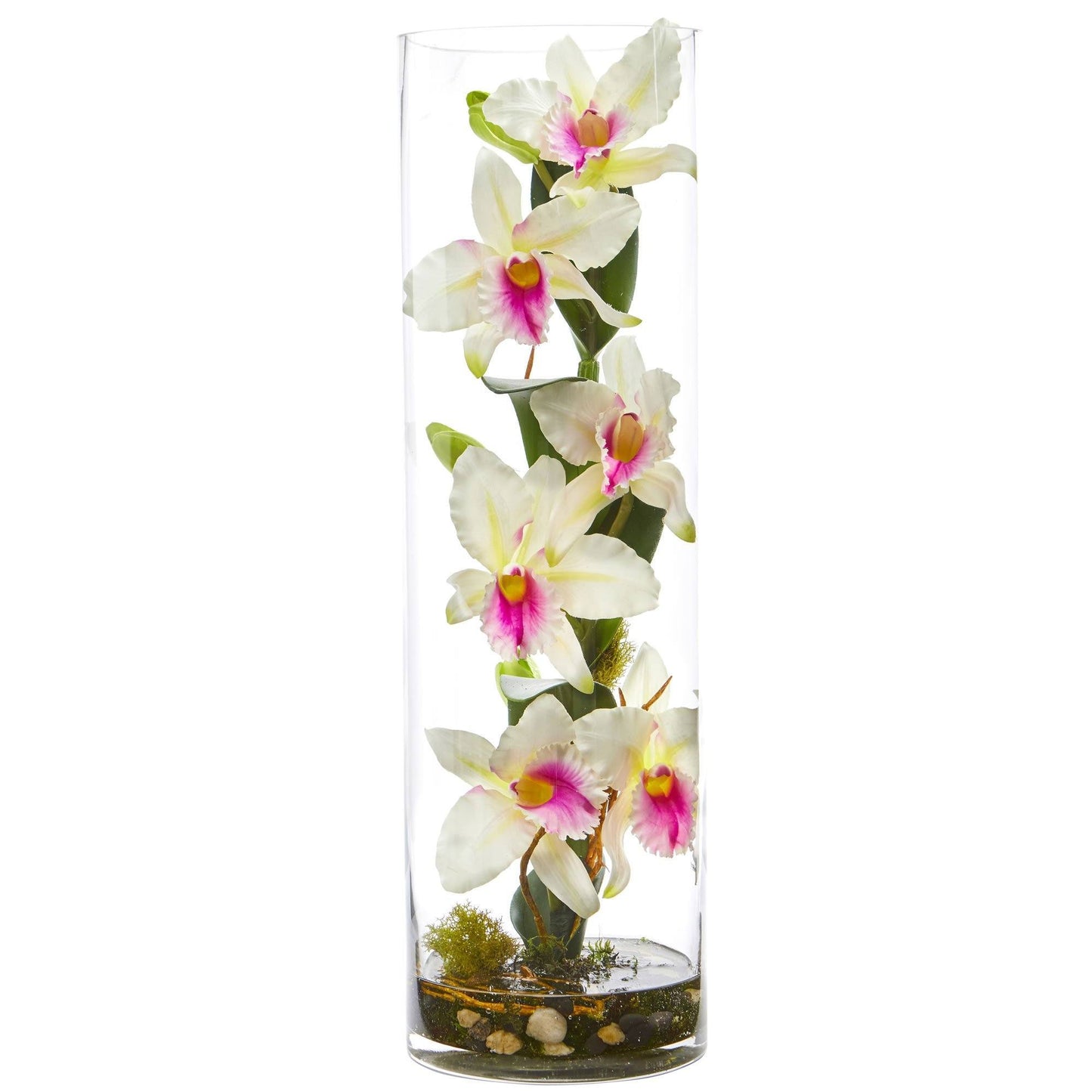 Arreglo floral artificial de orquídea Cattleya de 20'' en jarrón cilíndrico