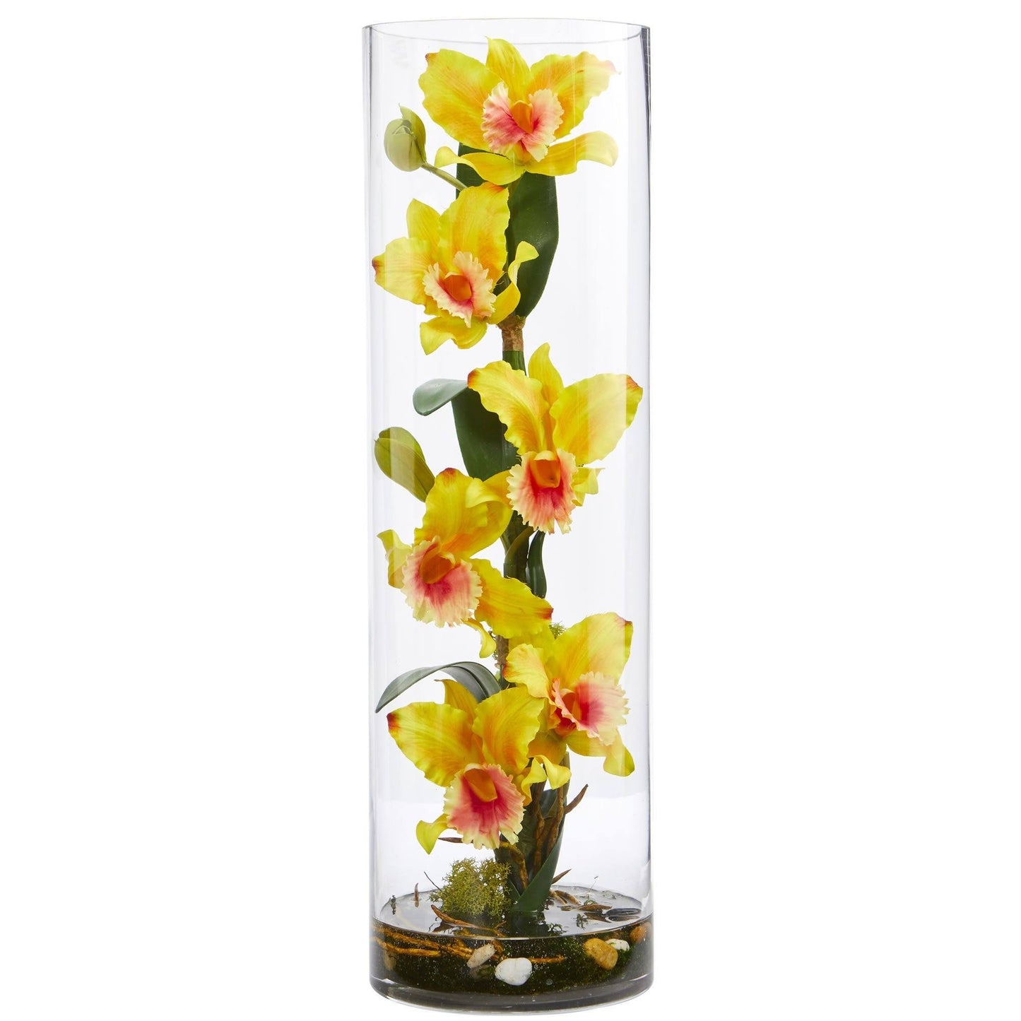 Arreglo floral artificial de orquídea Cattleya de 20'' en jarrón cilíndrico