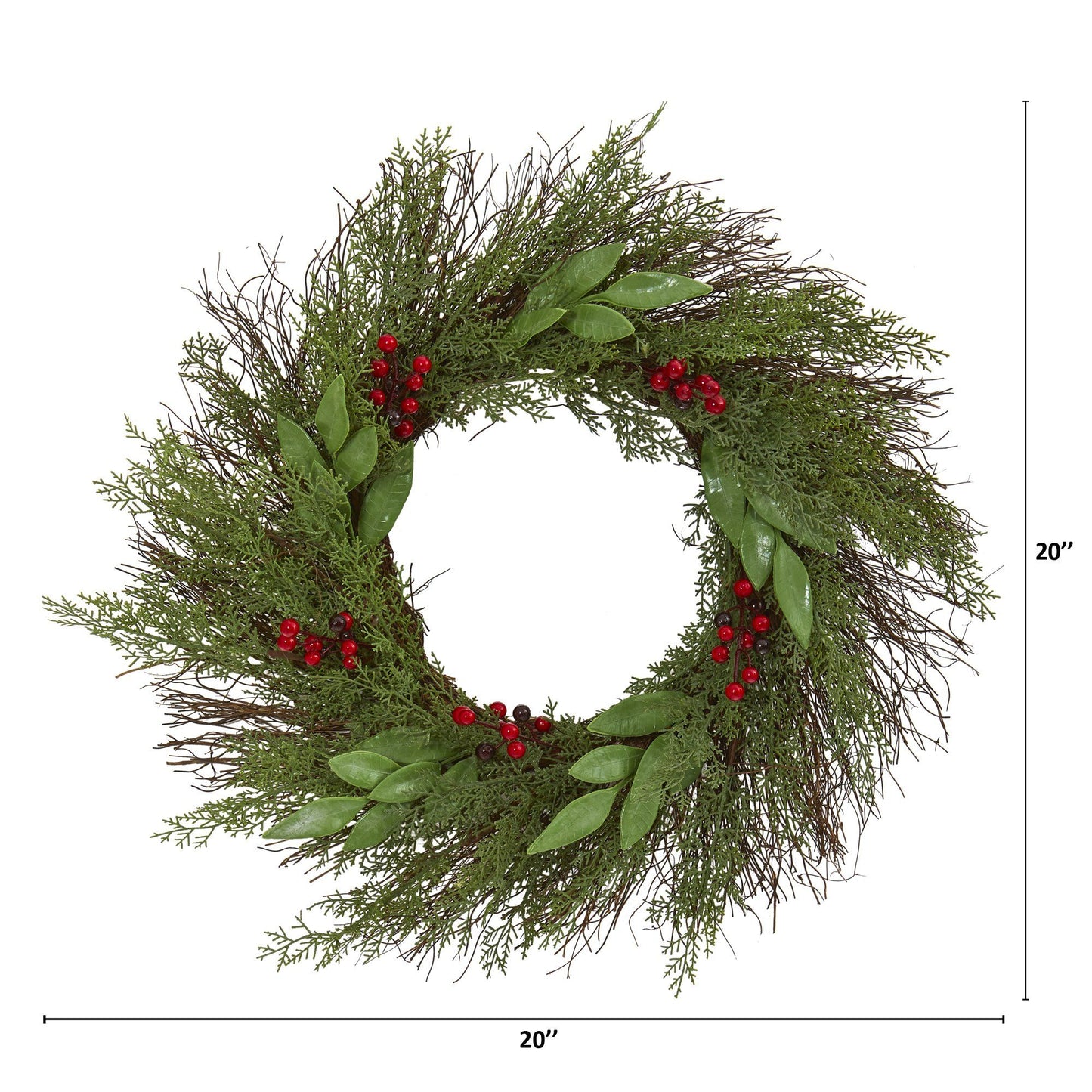 Couronne artificielle de 20 po en cèdre et ruscus avec baies