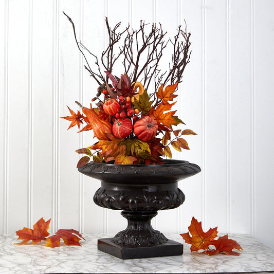 20” Pumpkin and Maple Leaf Artificial Flower Bouquet (Set of 2) - Nearly Natural