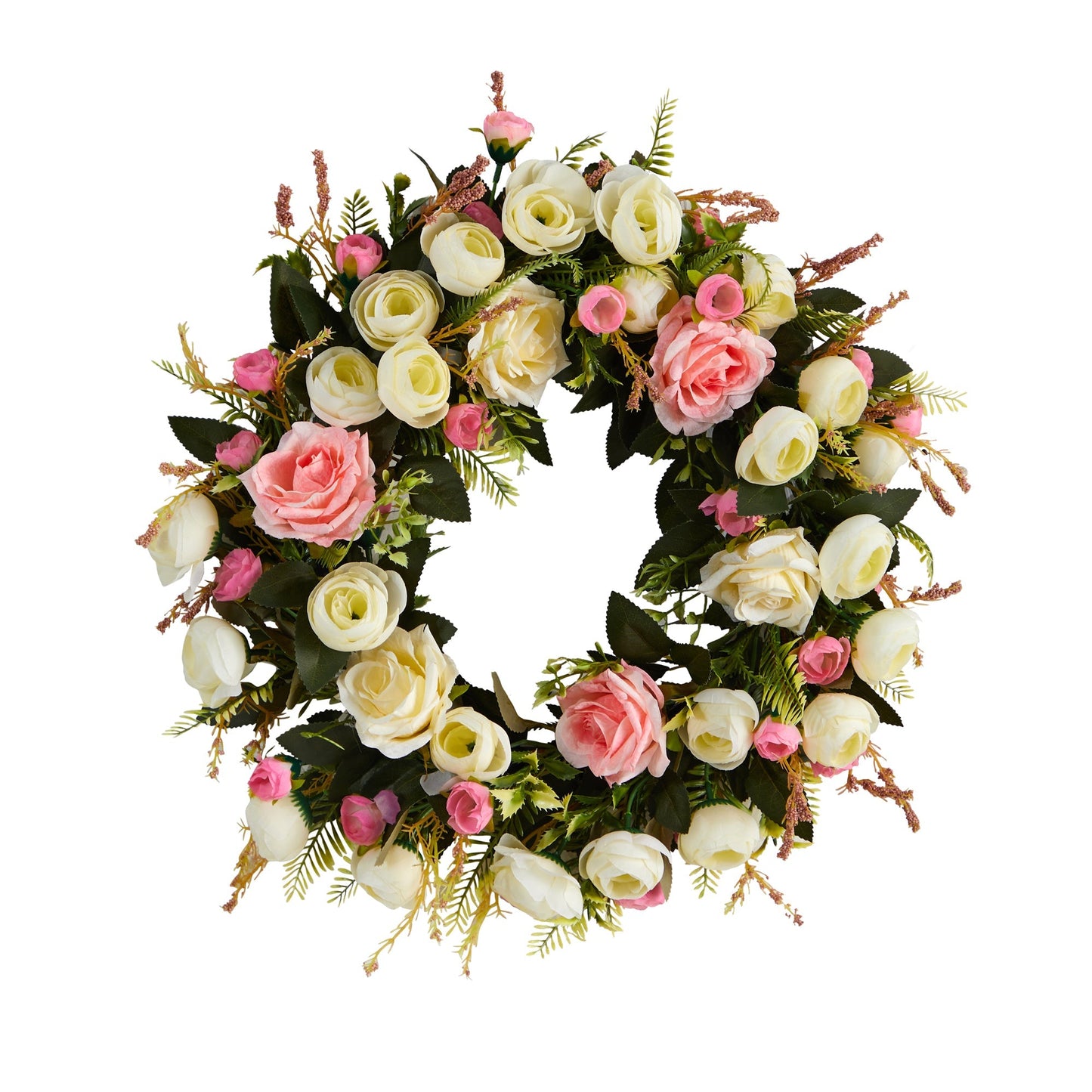 Couronne artificielle de roses blanches et roses de 20 po