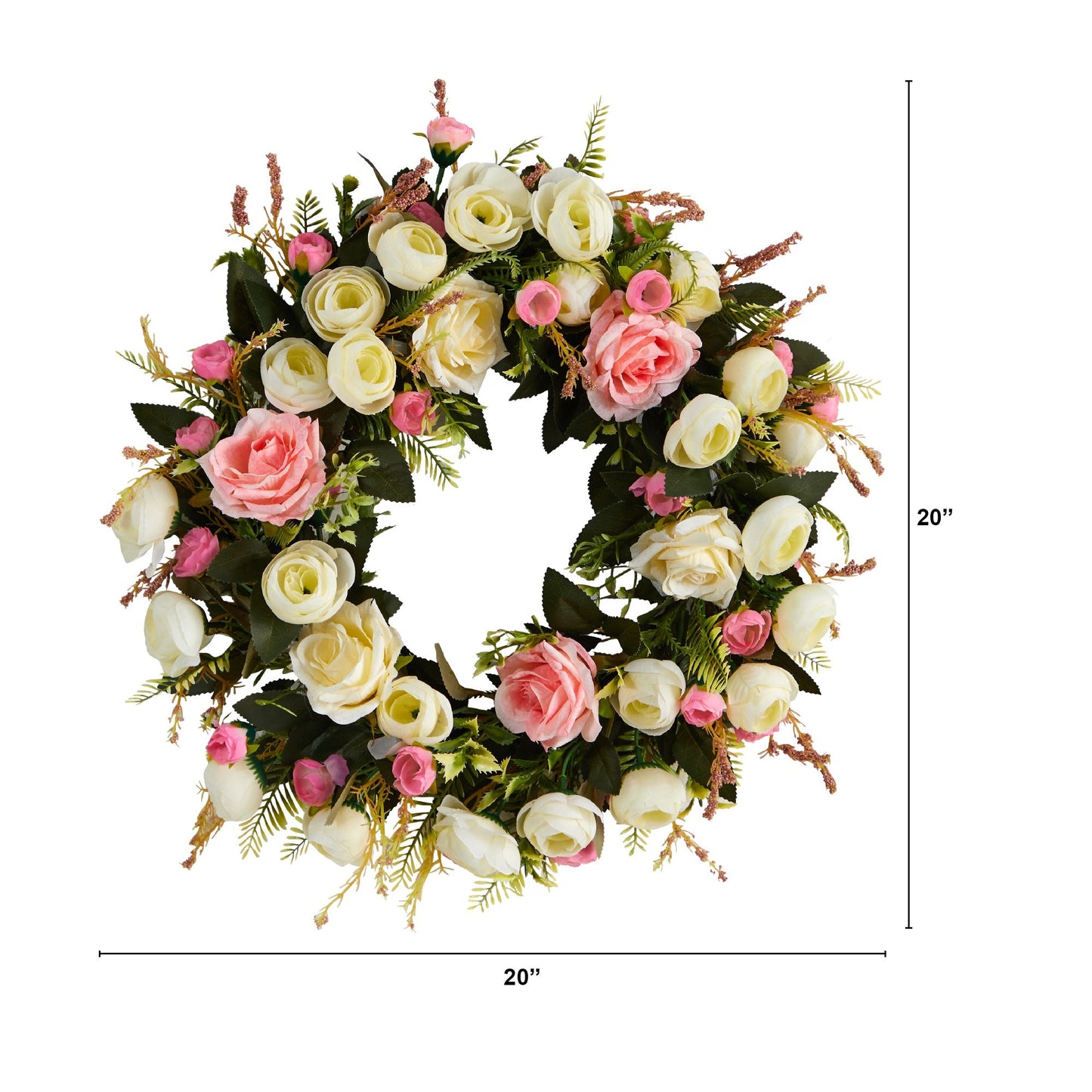 Couronne artificielle de roses blanches et roses de 20 po