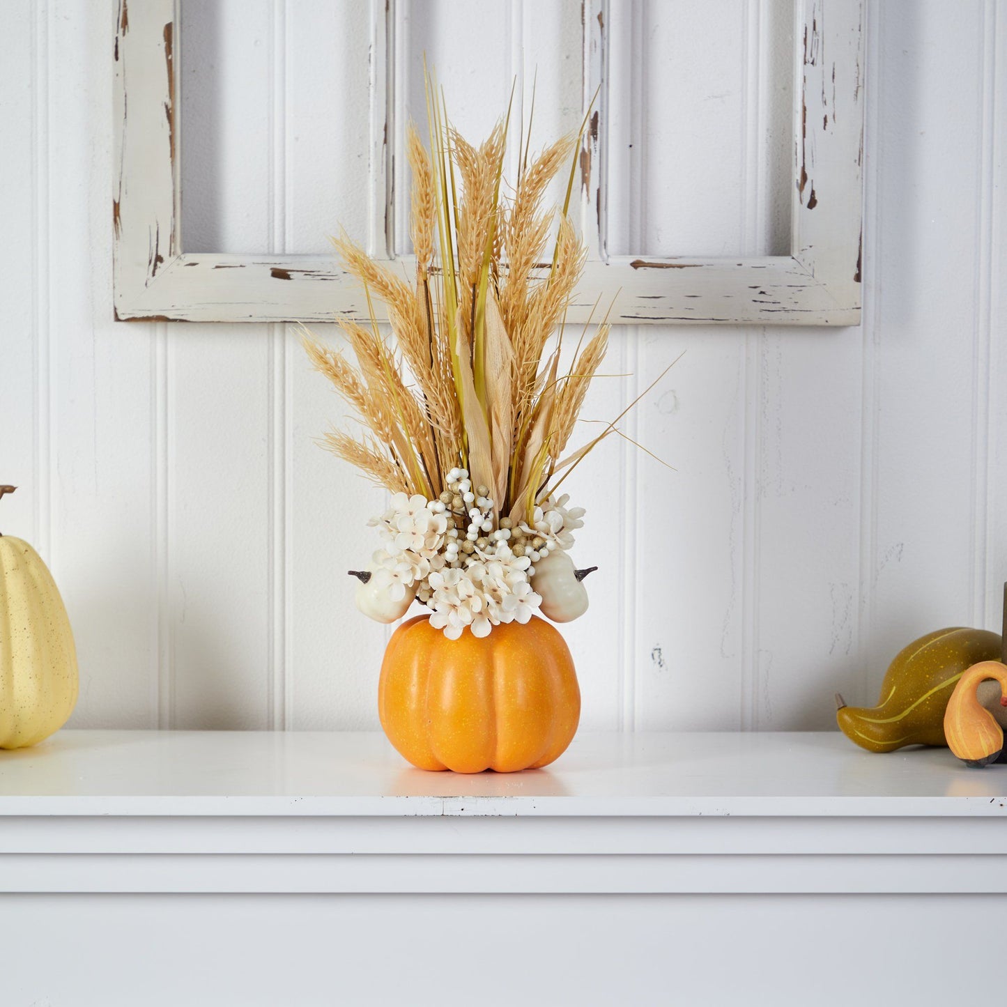 Arreglo artificial de calabaza y trigo seco de otoño de 21" en jarrón decorativo con forma de calabaza