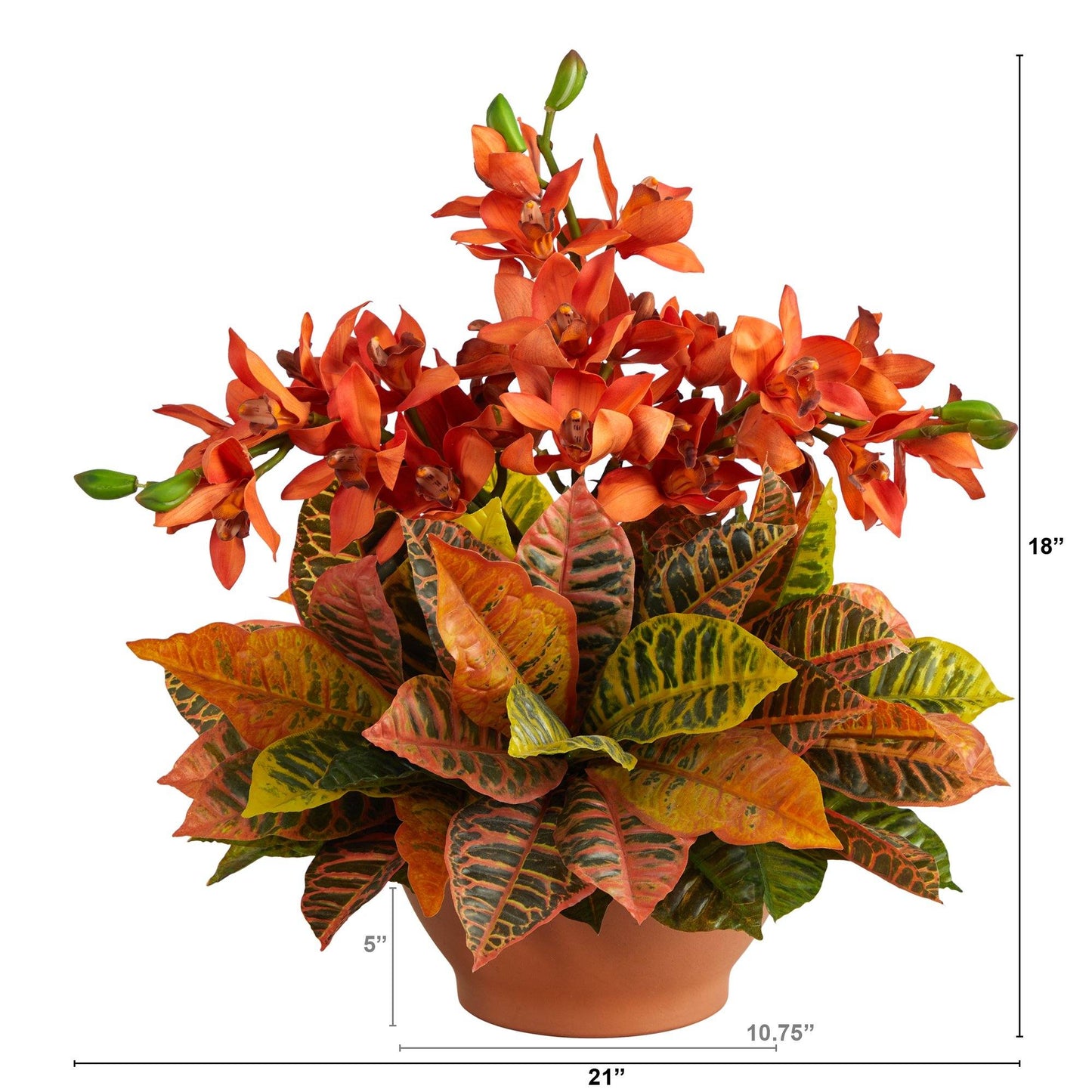 Arreglo artificial de orquídea Cymbidium y Croton de 21" en jarrón de terracota