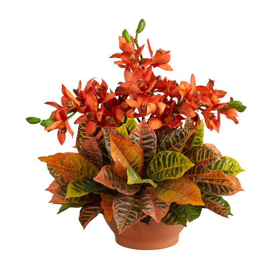 Arreglo artificial de orquídea Cymbidium y Croton de 21" en jarrón de terracota