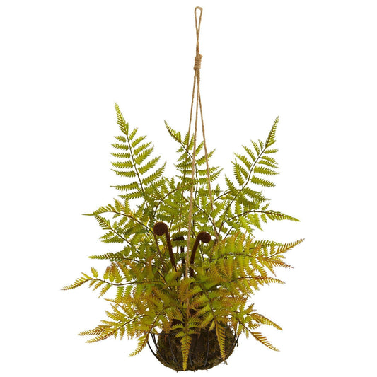 Planta artificial de helecho de 21” en canasta colgante de metal