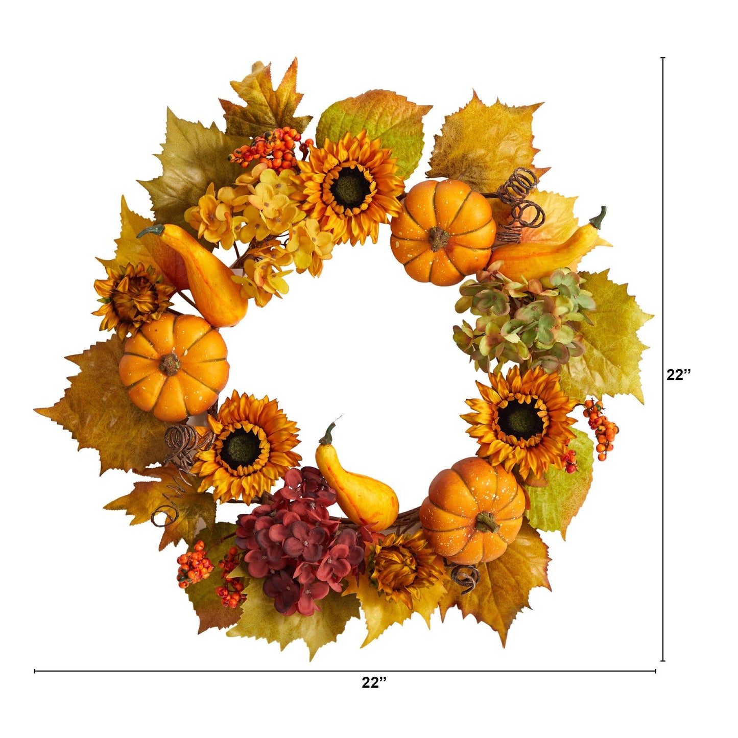 Couronne d'automne artificielle de 22 po avec hortensias, citrouilles et tournesols