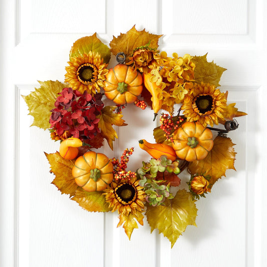 Couronne d'automne artificielle de 22 po avec hortensias, citrouilles et tournesols