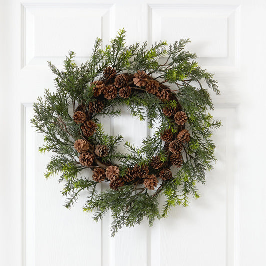 22” Cedar, Grass and Pine Cone Artificial Wreath UV Resistant (Indoor/Outdoor)