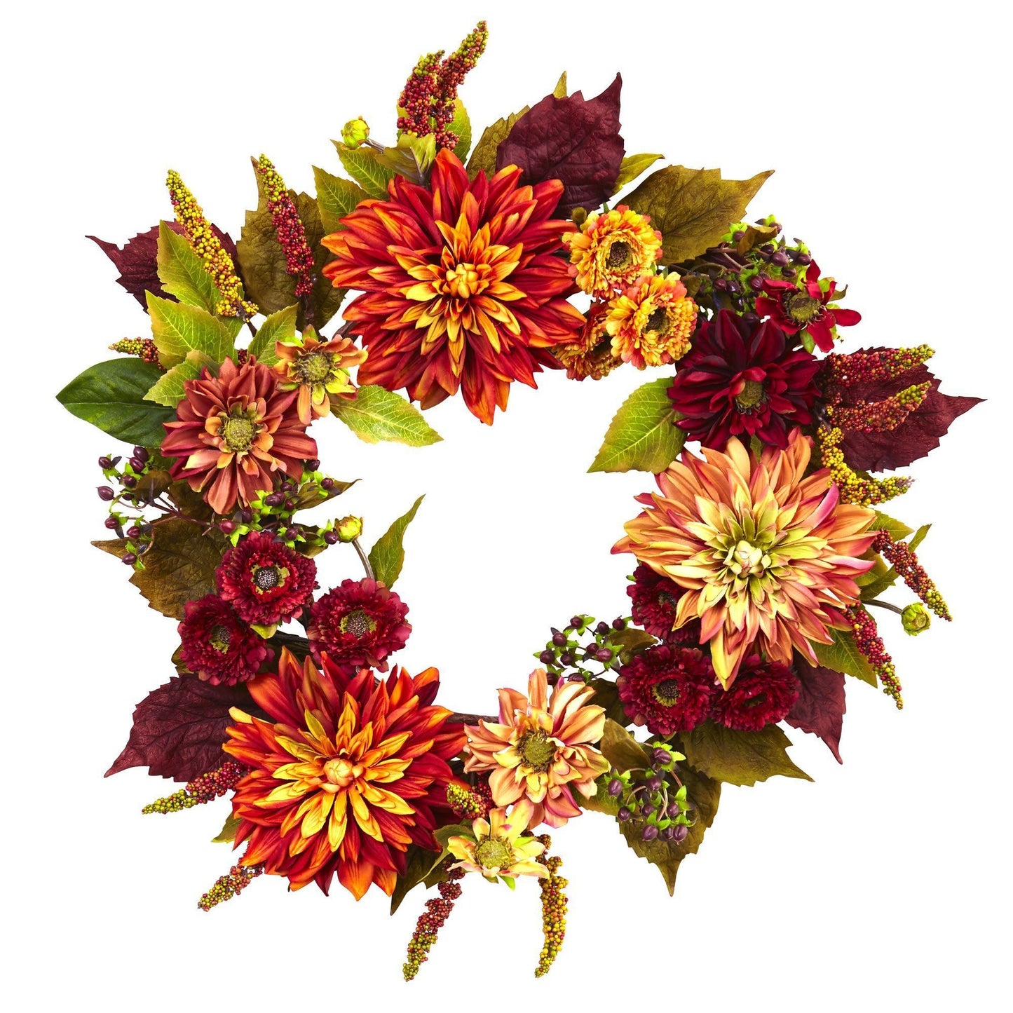 Couronne de dahlias et de chrysanthèmes de 22 po – Beauté d'automne