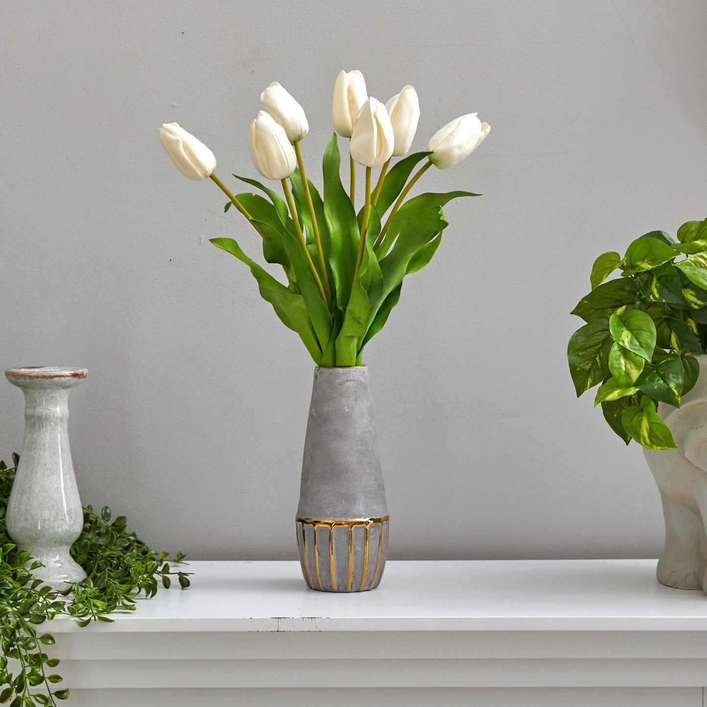 22” Dutch Tulip Artificial Arrangement in Stoneware Vase with Gold Trimming