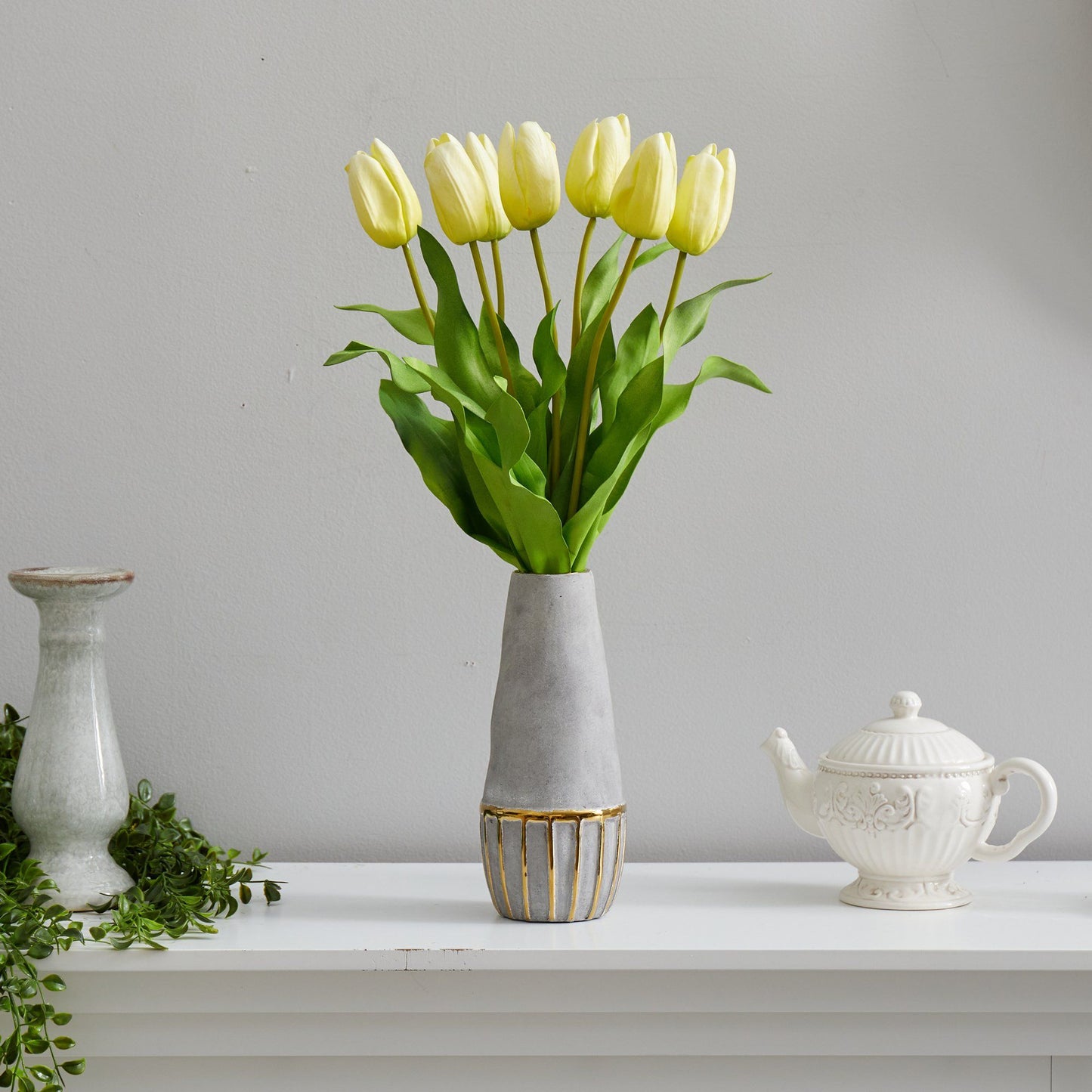 22” Dutch Tulip Artificial Arrangement in Stoneware Vase with Gold Trimming