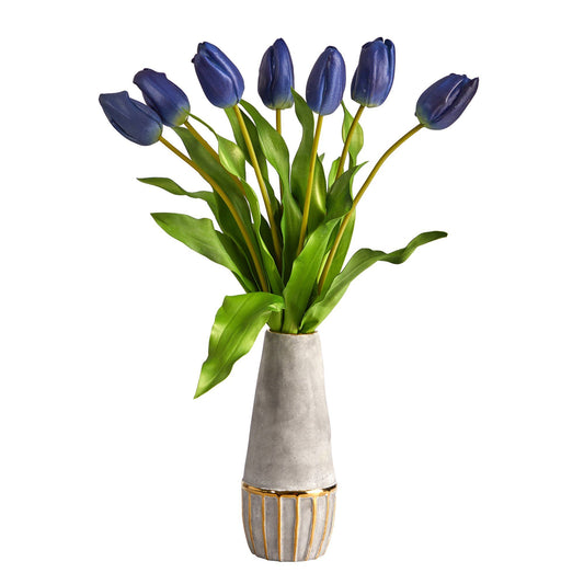 22” Dutch Tulip Artificial Arrangement in Stoneware Vase with Gold Trimming