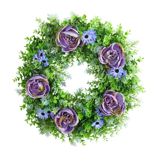 22” Purple Rose, Blue Daisy and Greens Artificial Wreath