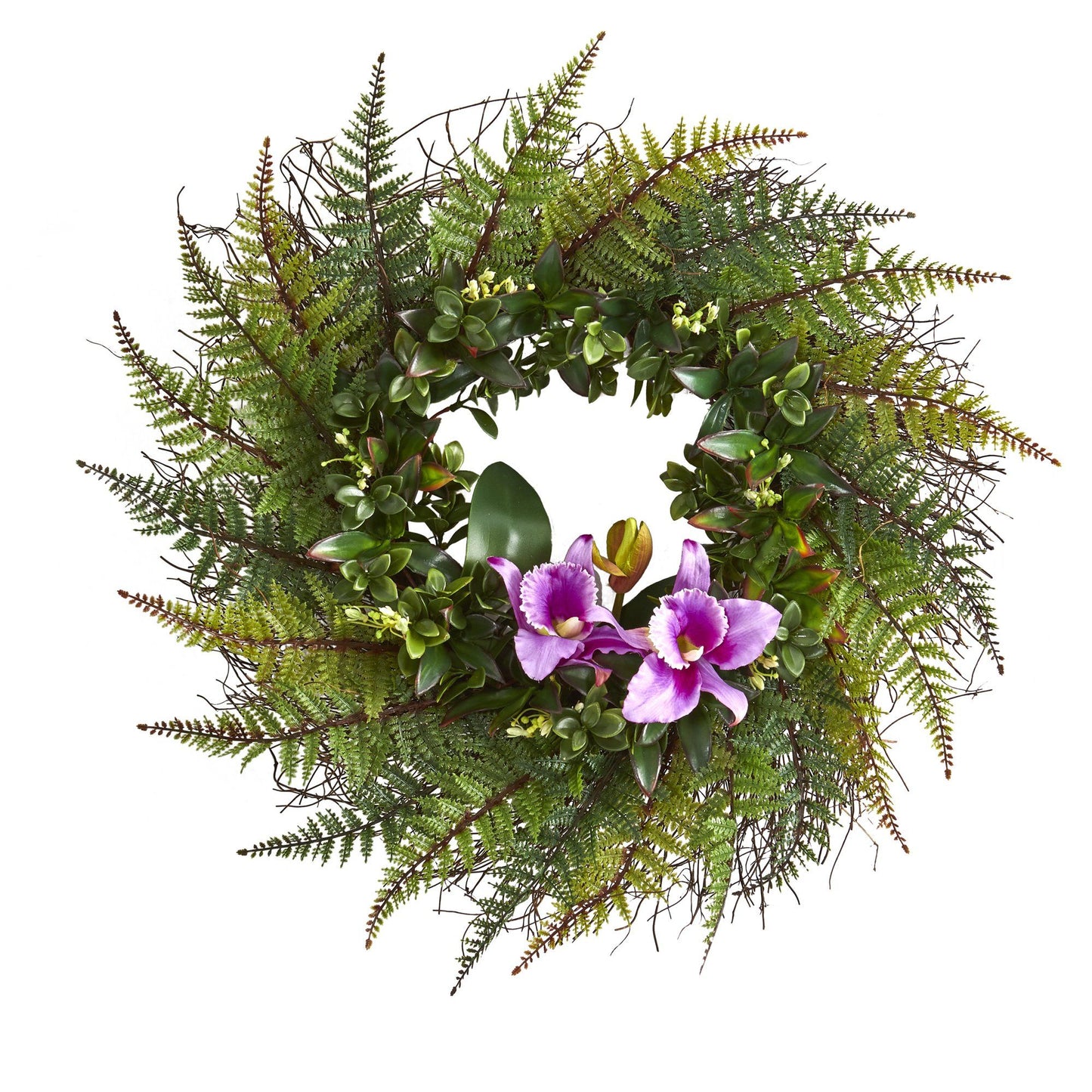 Corona artificial de 23" con helechos y orquídeas Cattleya variados