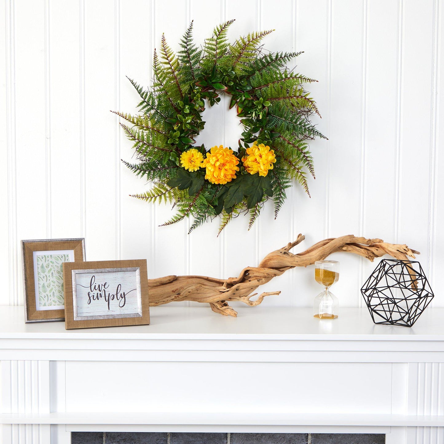 23” Assorted Fern and Chrysanthemum Artificial Wreath