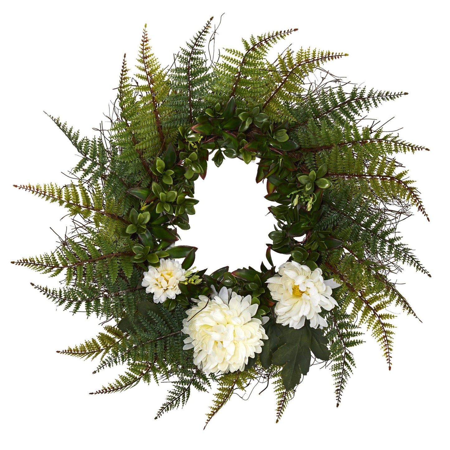 23” Assorted Fern and Chrysanthemum Artificial Wreath